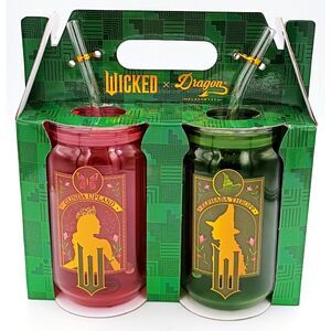 Wicked x Dragon Movie 16oz Drinking Glassware Straws Set Glinda Elphaba New
